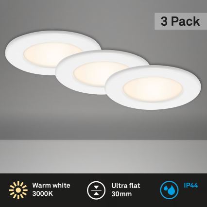 Lot de 3 spots encastrés LED pour salle de bains — 6W, 230V, 3000K, IP44, blanc