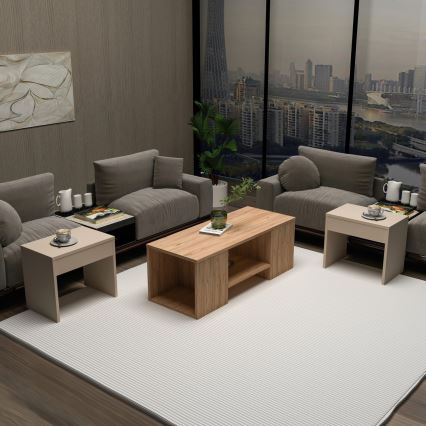 Lot de 3 tables basses SOLIS 45/45/100x30/30/40 cm beige/épicéa