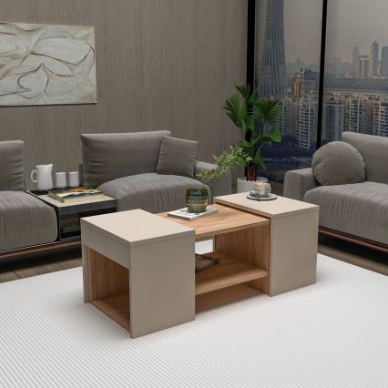 Lot de 3 tables basses SOLIS 45/45/100x30/30/40 cm beige/épicéa