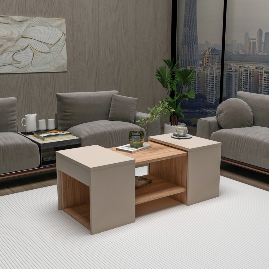 Lot de 3 tables basses SOLIS 45/45/100x30/30/40 cm beige/épicéa