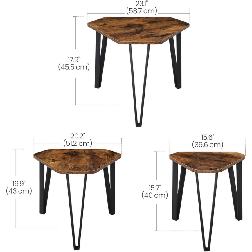 Lot de 3 tables d'appoint ELDUR, brun/noir