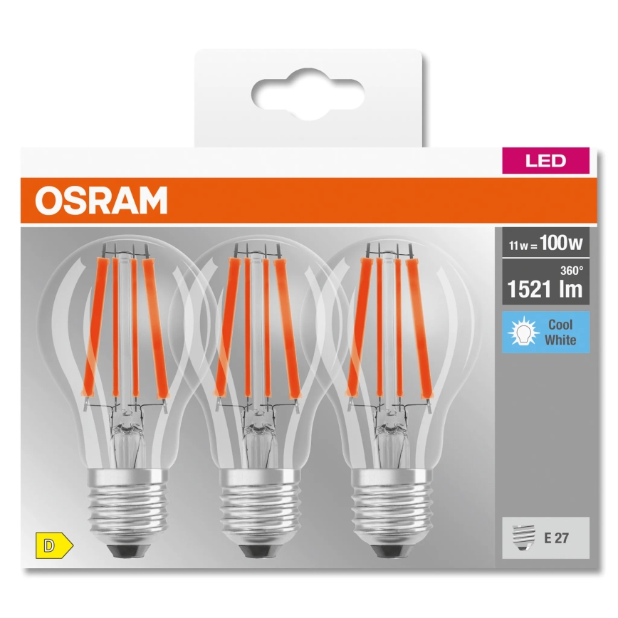 LOT DE 3x ampoules LED Base Classic Filament A60 E27/11W/230V 4000K - Osram
