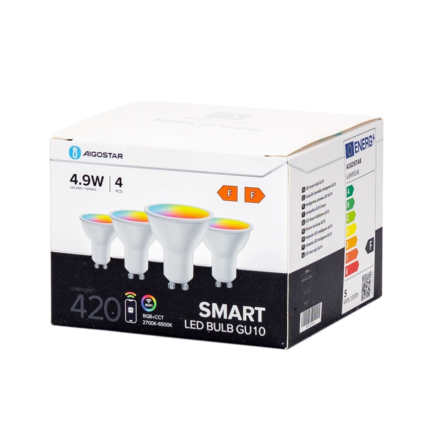 Lot de 4 ampoules LED RGBW dimmables connectées GU10 4,9 W 230 V 2700–6500 K - Aigostar