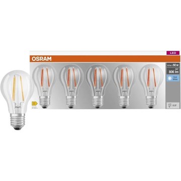 Lot de 5 ampoules LED Base Classic Filament A60 E27, 7 W, 230 V, 4000 K - Osram