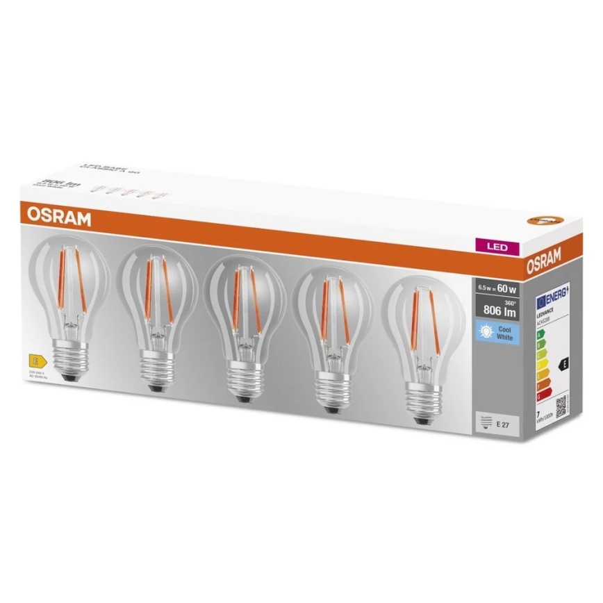 Lot de 5 ampoules LED Base Classic Filament A60 E27, 7 W, 230 V, 4000 K - Osram