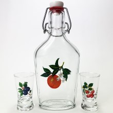 lot vector - 1x grand bouteille + 2x verre à shot transparent avec motif de fruit