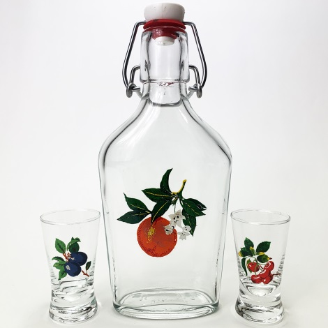 lot vector - 1x grand bouteille + 2x verre à shot transparent avec motif de fruit