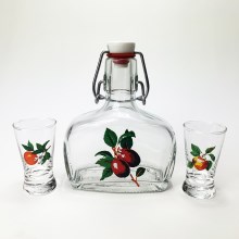 lot x1 bouteille en verre et x2 verre à shot transparent avec motif de fruit
