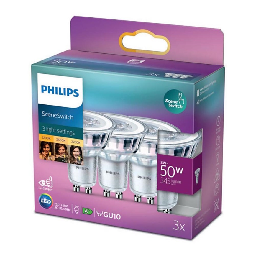 LOT x3 Ampoules LED à intensité variable Philips SCENE SWITCH GU10/5W/230V 2200/2500/2700K