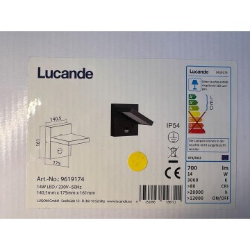 Lucande - Applique murale extérieure avec détecteur SILVAN LED/14W/230V IP54