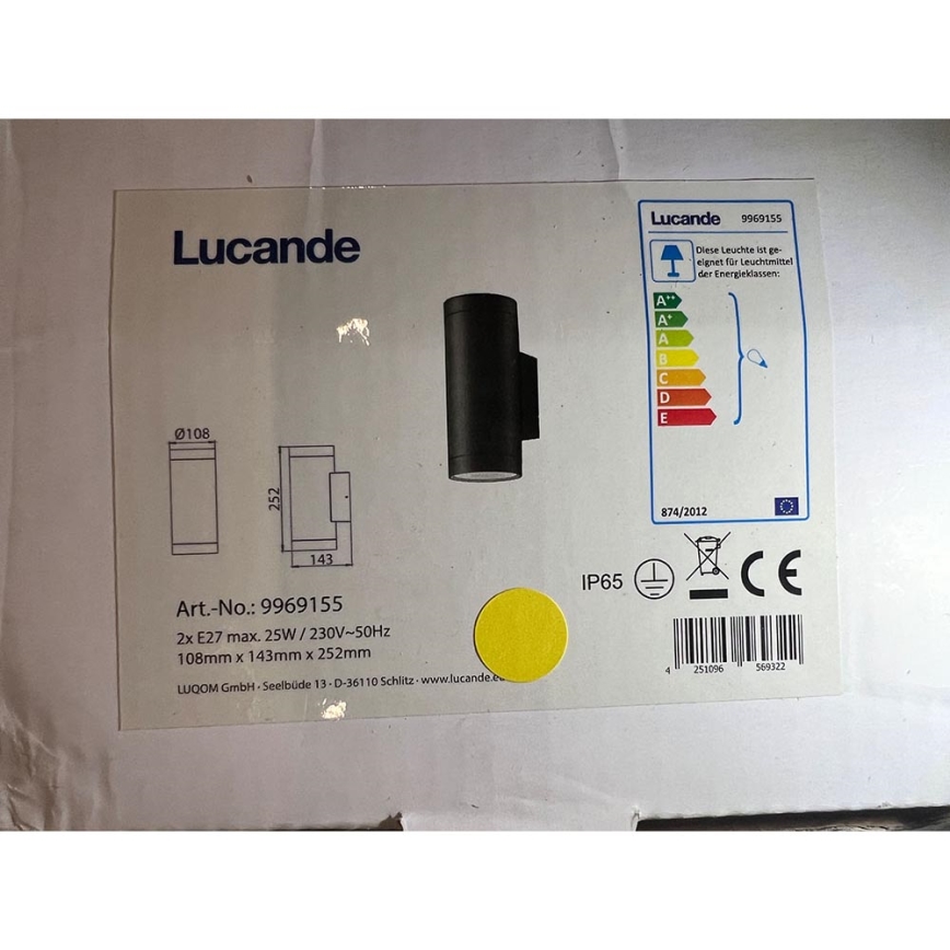 Lucande - Applique murale extérieure THOMKE 2xE27/20W/230V IP65
