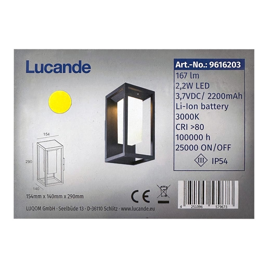 Lucande - Applique murale solaire avec détecteur ELIEL LED/2,2W/3,7V 2200 mAh IP54