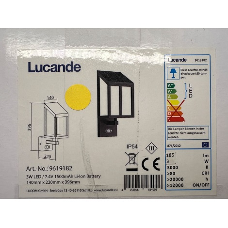 Lucande - Applique murale solaire avec détecteur TIMEO LED/3W/3,7V IP54
