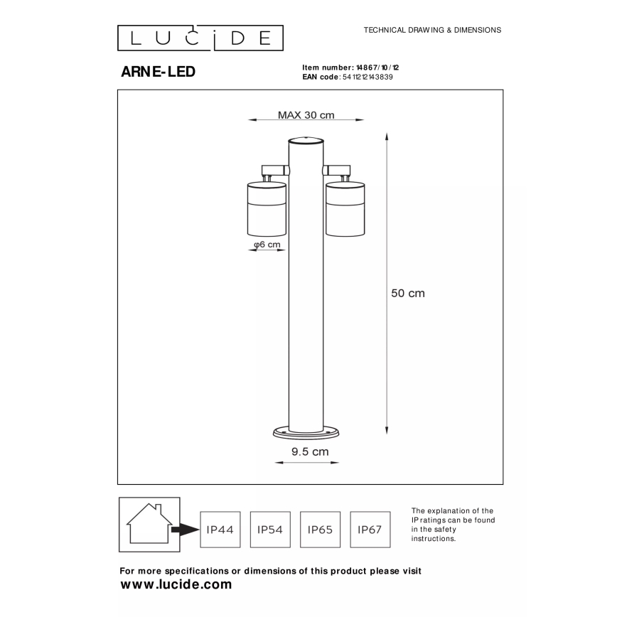 Lucide 14867/10/12 - Lampadaire LED extérieur ARNE-LED 2xGU10/5W/230V Chrome mat IP44