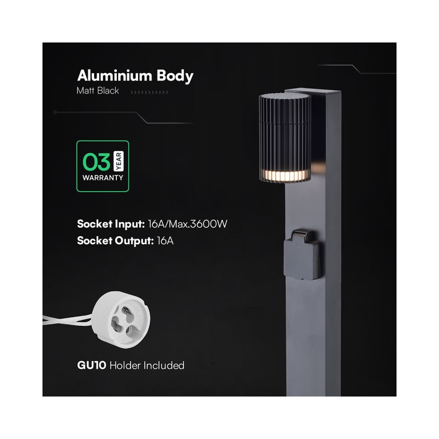 Luminaire d'extérieur avec prise SCHUKO, 1x GU10/10W/230V, IP44, 80 cm, noir