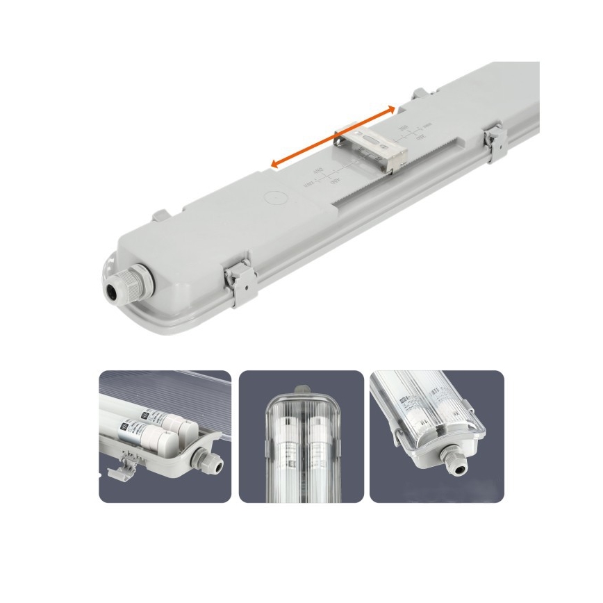 Luminaire LED technique pour tubes T8 — 2 douilles G13 (2 × 18 W), 230 V, 4000 K, IP65, 127 cm