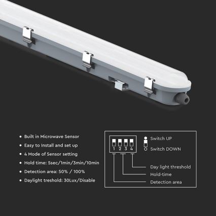 Luminaire technique LED type tube avec détecteur de mouvement et crépusculaire, 48 W, 230 V, IP65, 6500 K, 150 cm