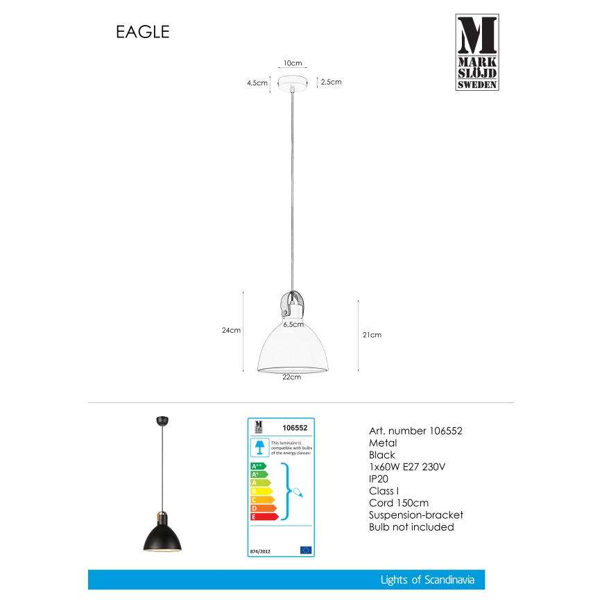 Markslöjd 106552 - Suspension filaire EAGLE 1xE27/60W/230V noir