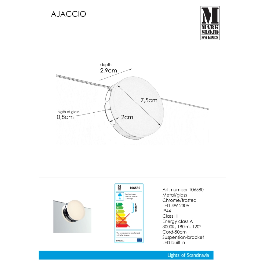 Markslöjd 106580 - Luminaire LED de salle de bain AJACCIO LED/4W/230V IP44