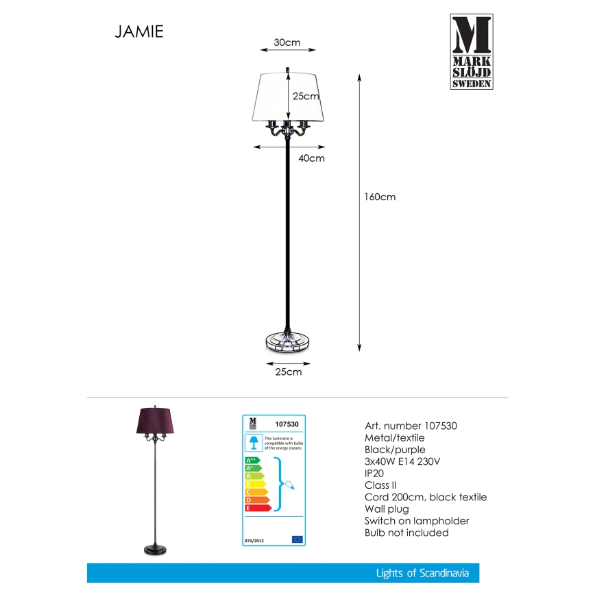 Markslöjd 107530 - Lampadaire JAMIE 3xE14/40W/230V
