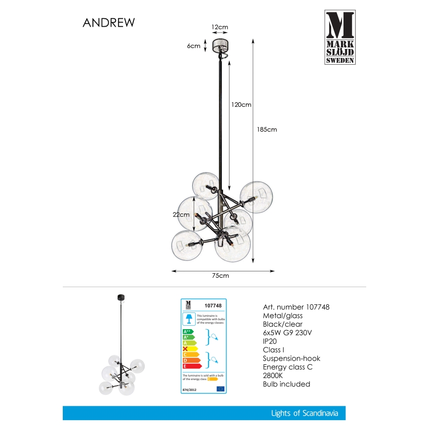 Markslöjd 107748 - Suspension avec tige ANDREW 6xG9/5W/230V