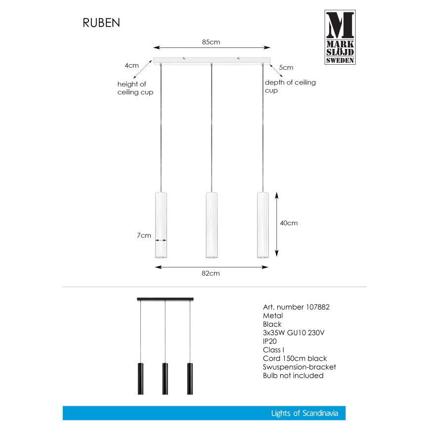 Markslöjd 107882 - Suspension avec fil RUBEN 3xGU10/35W/230V