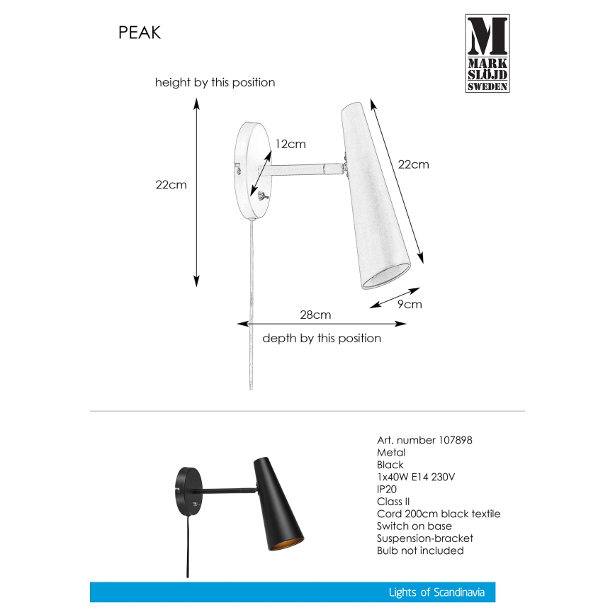 Markslöjd 107898 - Applique murale PEAK 1xE14/40W/230V