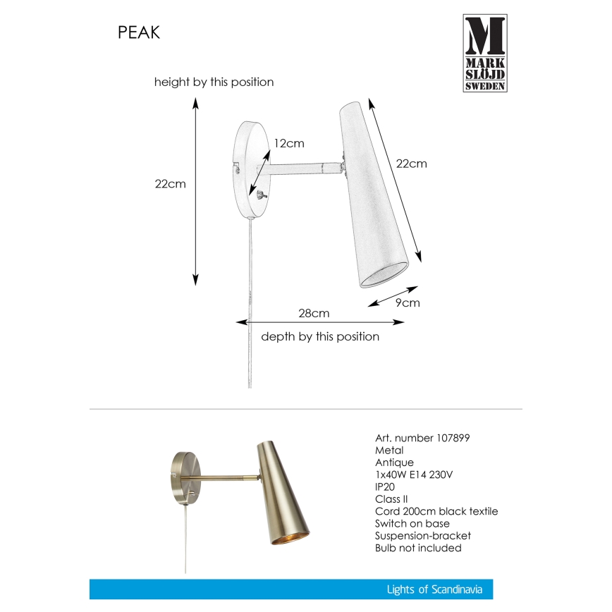 Markslöjd 107899 - Applique murale PEAK 1xE14/40W/230V