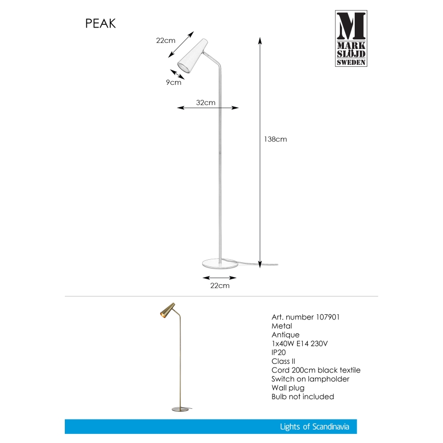 Markslöjd 107901 - Lampadaire PEAK 1xE14/40W/230V