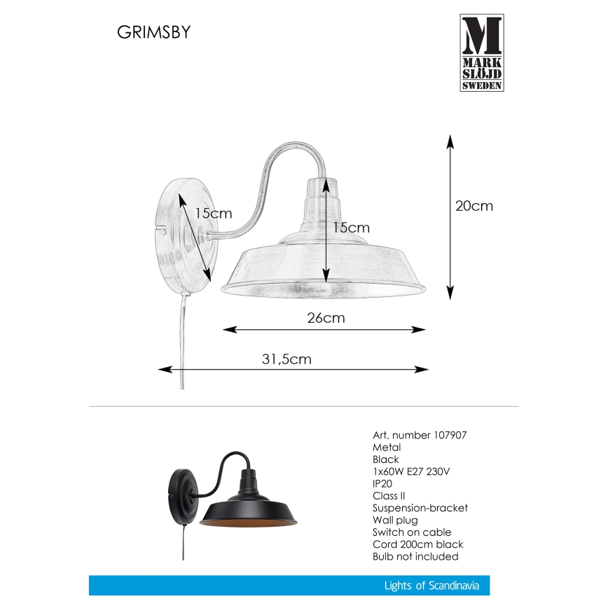 Markslöjd 107907 - Applique murale GRIMSBY 1xE27/60W/230V