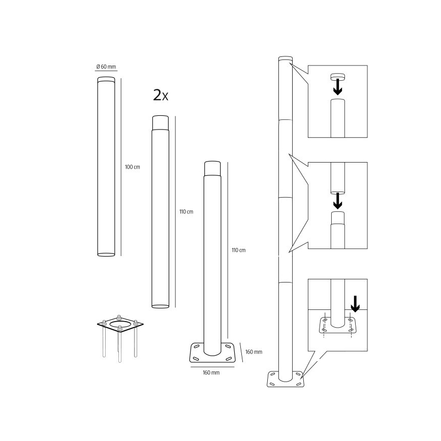 Mât métallique BASE 4 m pour éclairage extérieur, Ø 60 mm, noir