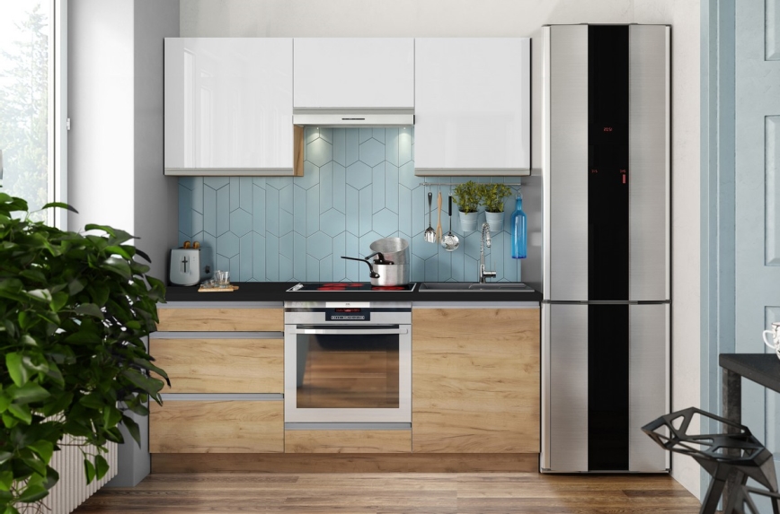Meuble de cuisine MARINA 180 cm chêne craft/blanc brillant