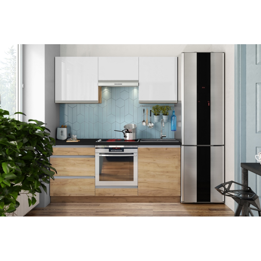Meuble de cuisine MARINA 180 cm chêne craft/blanc brillant