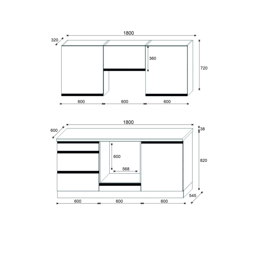 Meuble de cuisine MARINA 180 cm chêne craft/blanc brillant