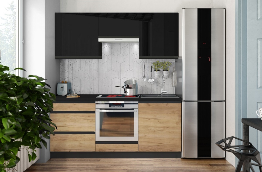 Meuble de cuisine MARINA 180 cm, chêne craft / noir laqué