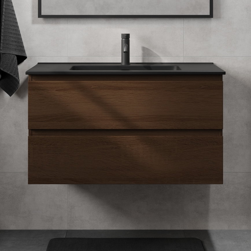 Meuble de salle de bain avec lavabo KENWOOD 91 cm, noyer/noir