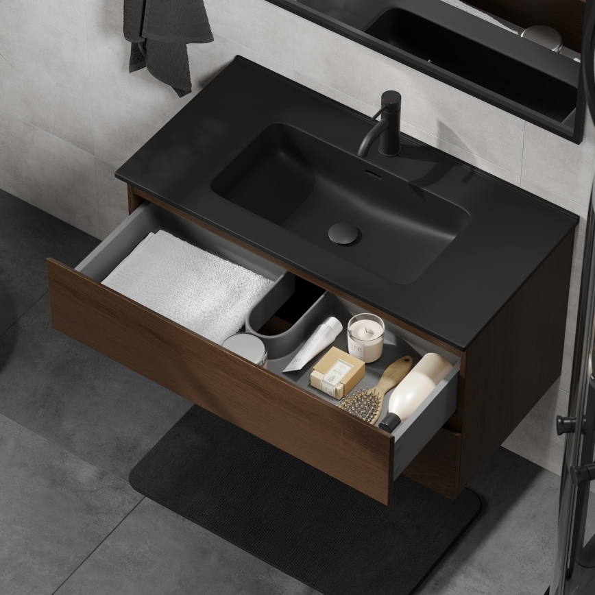 Meuble de salle de bain avec lavabo KENWOOD 91 cm, noyer/noir