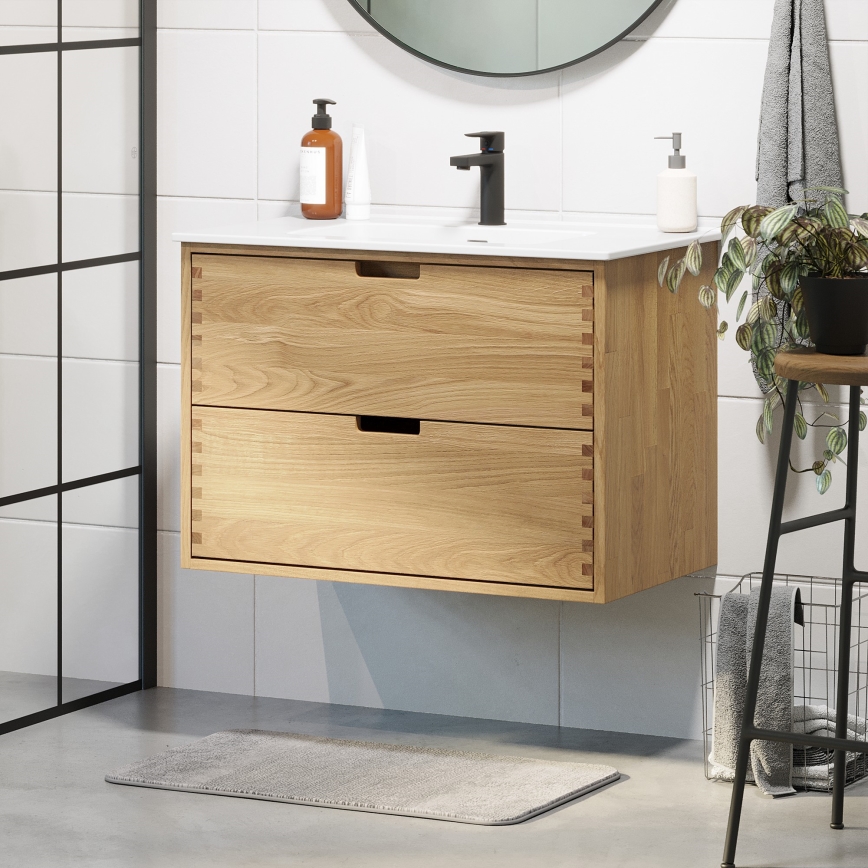 Meuble de salle de bains avec lavabo GRIBSKOV 80 cm beige/chêne/blanc
