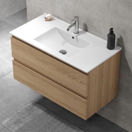 Meuble de salle de bains avec lavabo KENWOOD 91 cm, finition chêne