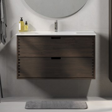 Meuble de salle de bains avec vasque GRIBSKOV 100 cm, finition brun/chêne/blanc