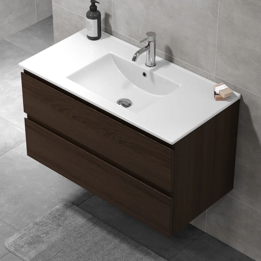 Meuble de salle de bains avec vasque HENRY 91 cm, finition noyer