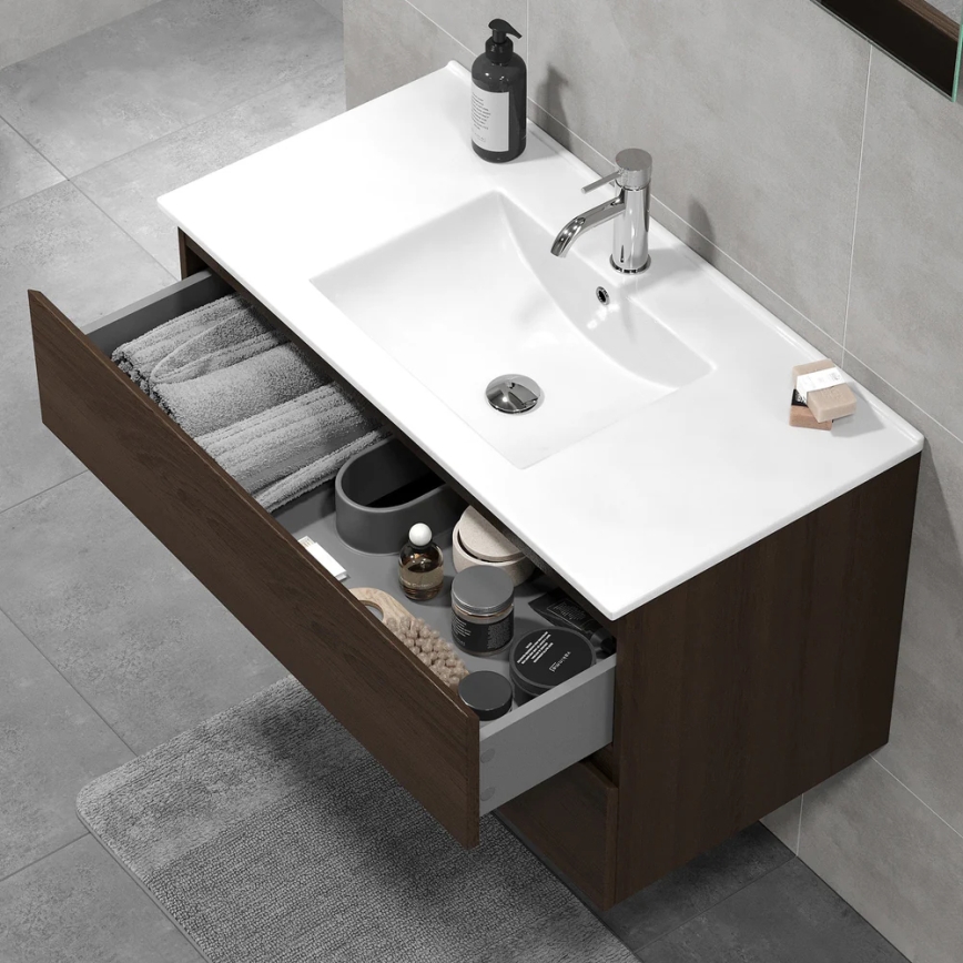 Meuble de salle de bains avec vasque HENRY 91 cm, finition noyer