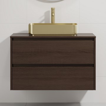 Meuble de salle de bains TRONDHEIM/LJORDAL avec lavabo, 90x57x46 cm, finition noyer/laiton