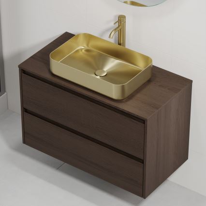 Meuble de salle de bains TRONDHEIM/LJORDAL avec lavabo, 90x57x46 cm, finition noyer/laiton