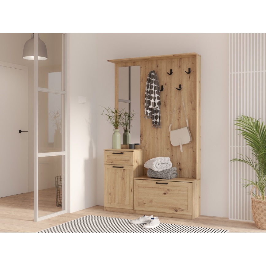 Meuble d'entrée KAVI avec miroir, chêne artisan