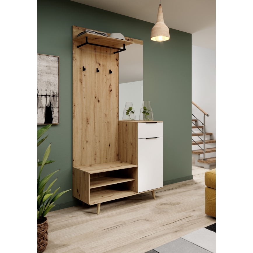 Meuble d'entrée mural avec miroir SVEN, marron/blanc