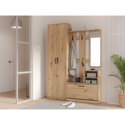 Meuble d'entrée mural KAVI avec miroir, chêne artisan