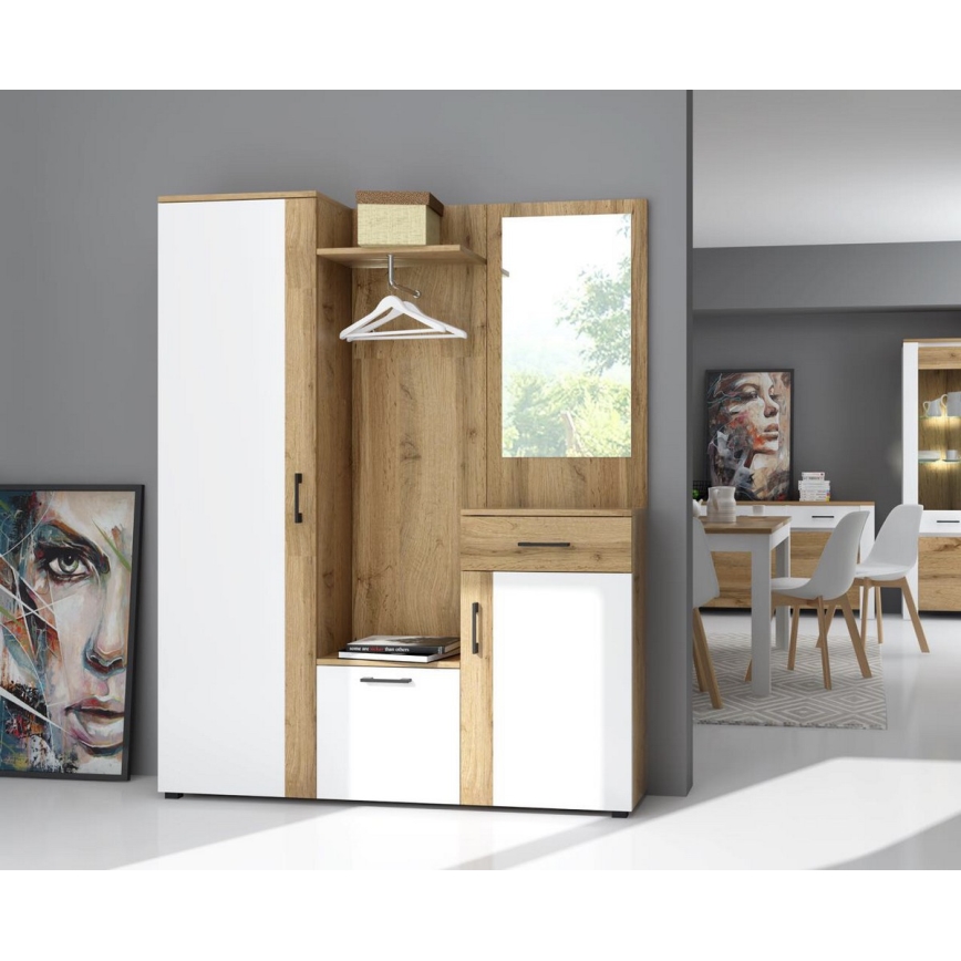 Meuble d'entrée mural NOLAN avec miroir, chêne artisan/blanc