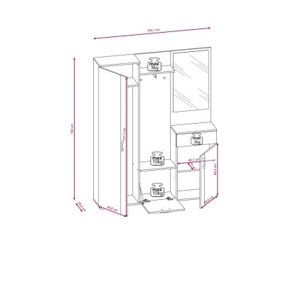 Meuble d'entrée mural NOLAN avec miroir, chêne artisan/blanc