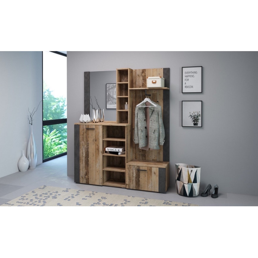 Meuble mural d'entrée KEVIN avec miroir, brun/noir